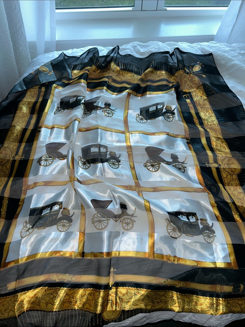 39" square Luxury Black & Gold Carriage Print Silk-Feel Scarf